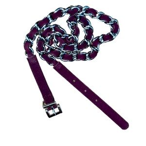 Ellen Tracy Plum Leather Woven Web Chunky Silver Chain Belt